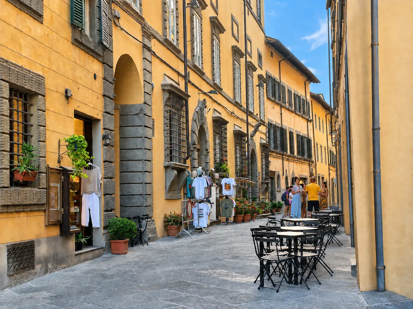 Stretta via in salita nel centro storico di Cortona con botteghe artigiane e muri in pietra
