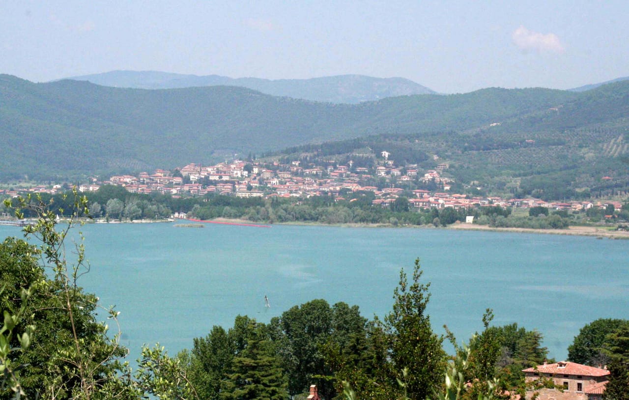 View over Lake Trasimeno from the walkways of the Rocca del Leone