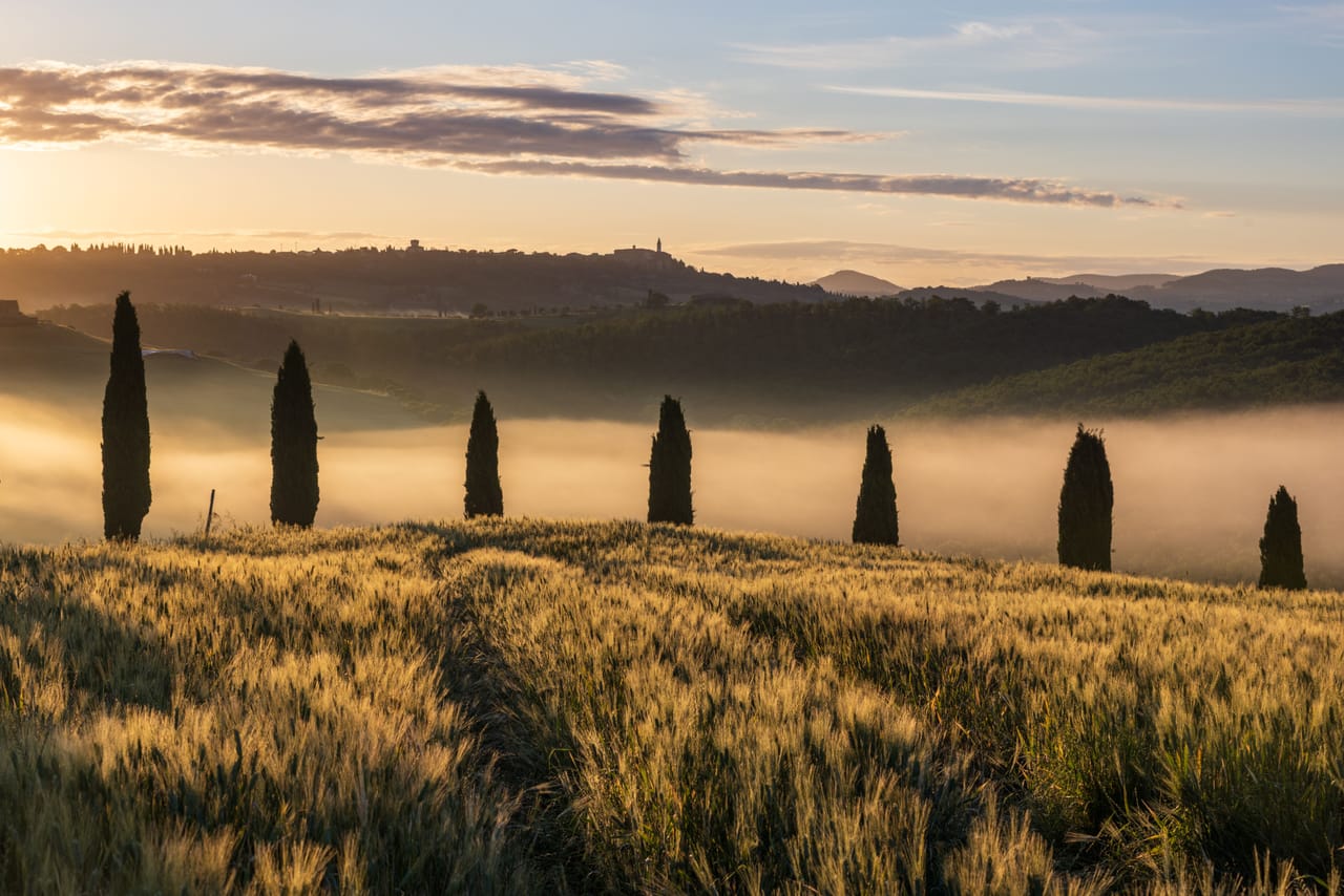 Vista panoramica da Cortona sulla Valdichiana nella luce dorata, con colline e lago in lontananza