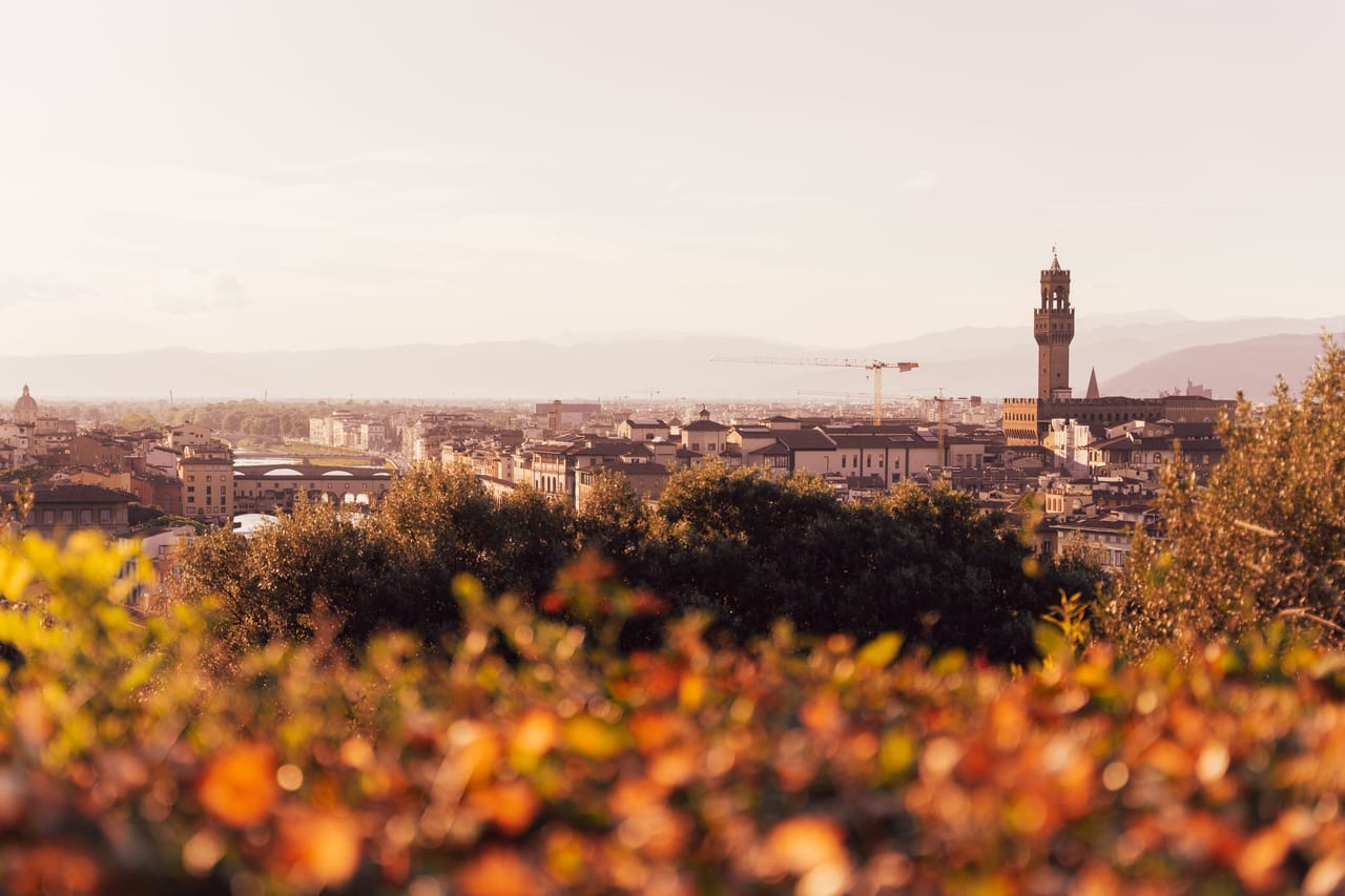 Veduta panoramica di una città d'arte toscana con tetti in cotto e campanili, meta per una gita in giornata da Cortona