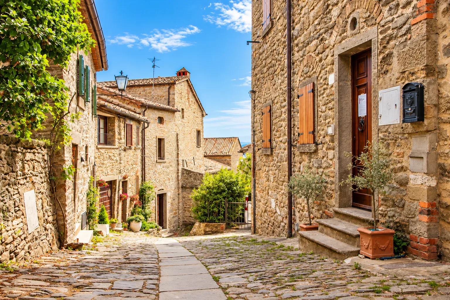 Vicolo di pietra a Cortona con scalini, case medievali e la valle sullo sfondo